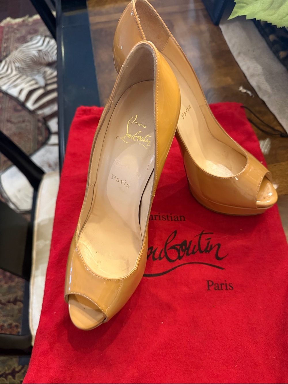 Christian Louboutin Patent Peep-Toe Heels in Camel